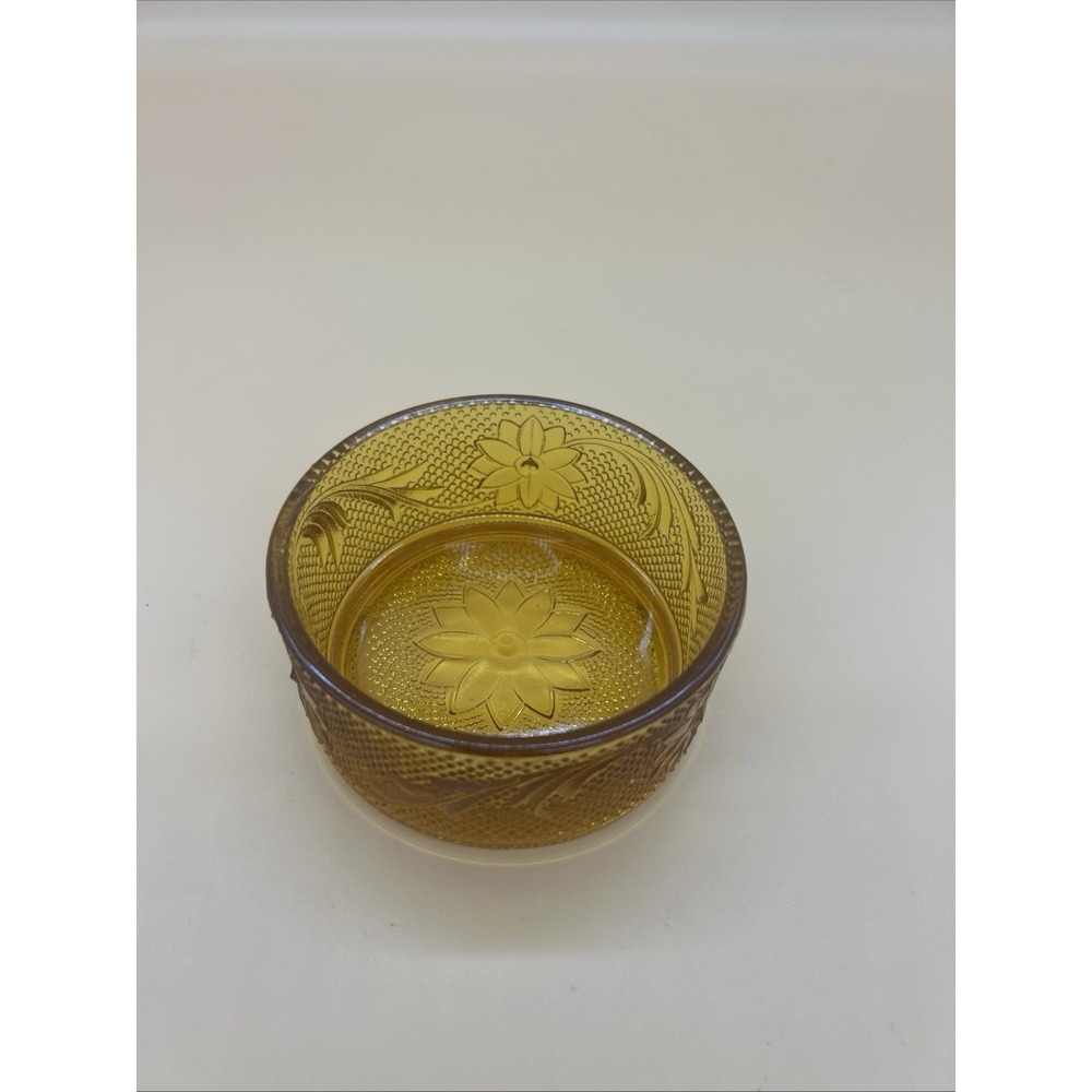 Vintage Tiara Amber Sandwich Glass Round Powder Puff Trinket Dish Bowl No Lid
